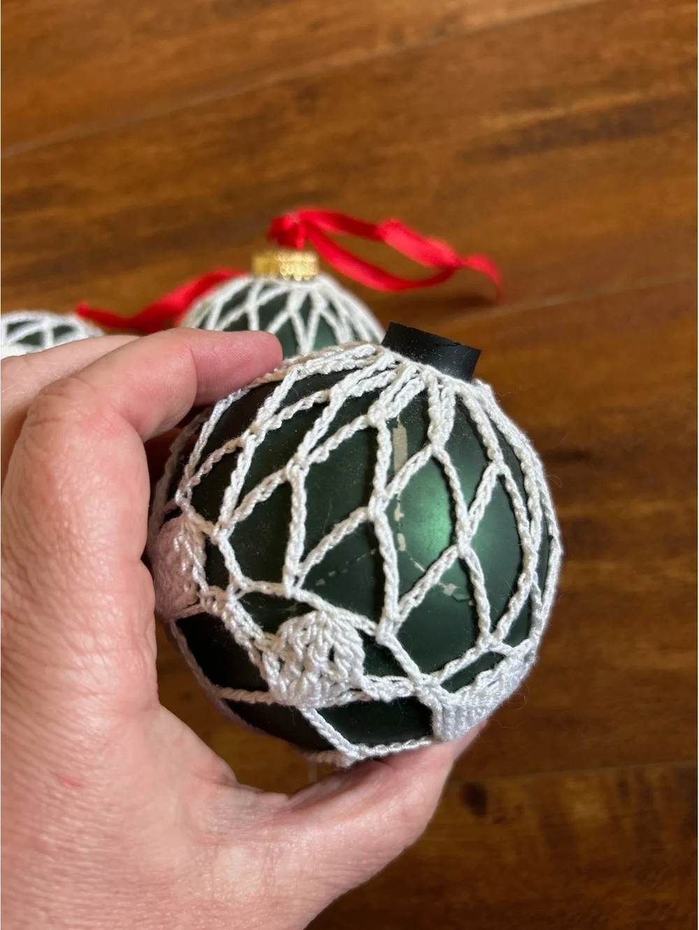Set of 4 Green Christmas Ornaments with White Crochet Covers and Red Ribbon HANG